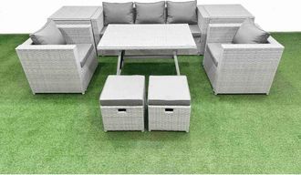 Fimous Fimous 9 Pieces Outdoor PE Rattan Sofa Armchair Set Patio Garden Furniture Sets with Cushions 2 Side Tables 2 Small Stools Light Grey