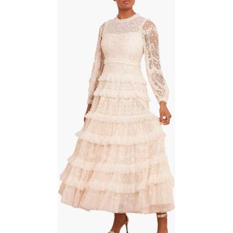 Needle & Thread Blossom Long Sleeve Lace Ankle Gown in Cream at Nordstrom, Size 10