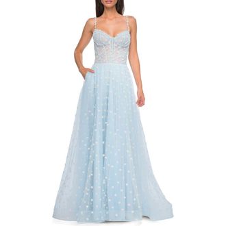La Femme Polka Dot Tulle Prom Dress with Sheer Corset Top in Light Blue at Nordstrom, Size 00