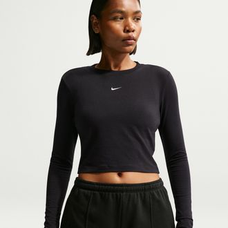 Nike Womens Nike Sportswear Chill Knit Slim Long-Sleeve Cropped Top in Black | HF5322-011