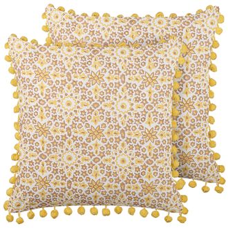 Beliani Conjunto De 2 Cojines De Algod&oacute;n Amarillo Blanco Marr&oacute;n 45 X 45 Cm Floral Lycrois