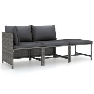 vidaXL Set De Muebles De Jard&iacute;n 3 Pzas Y Cojines Rat&aacute;n Sint&eacute;tico Gris Vidaxl