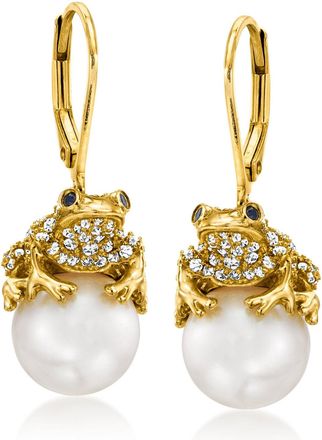 Ross-Simons 9.5-10mm Cultured Pearl and White Topaz Frog Drop Earrings With Sapphires in 18kt Gold Over Sterling