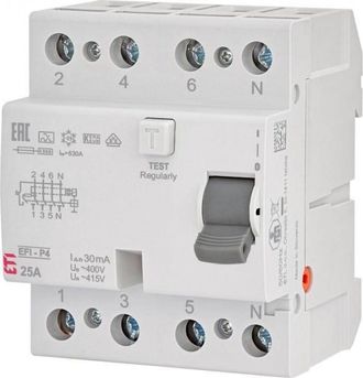 OEM Interruptor Diferencial Tipo A De 4 Polos, 25 A, 0,03 A, 6 Ka, Efi6-p4 A 25/0,03 002061661