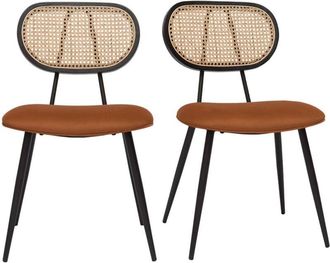 Miliboo Miliboo - Set De 2 Sillas De Dise&ntilde;o De Terciopelo Terracota, Metal Negro Y Rejilla De Rat&aacute;n Natural Tolma