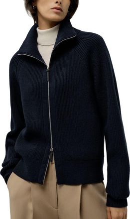 LilySilk Ribbed-knit Turtleneck Zip Cardigan in Navy Blue at Nordstrom, Size Medium