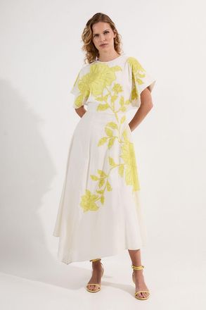 Karen Millen Womens Applique And Beaded Linen Woven Midi Dress With Tie Back Detail - Lime Green Cotton - Size 10 UK