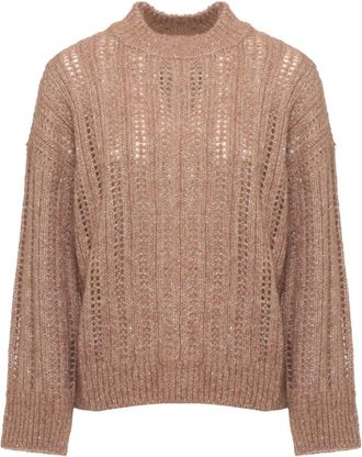 PESERICO Trui van Alpaca-mix met perforaties - Dames - Ronde hals truien - Beige - S - Pailletten - Truien & Vesten