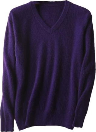 Generic Mens Soft Solid Color Sweaters Solid V-Neck Casual Knit Pullovers Men Long Sleeve Warm Pullover Jumper Purple XXXL