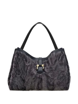 Ferragamo large fur-embellished top-handle tote bag - women - Lamb Fur/CALFSKIN/Lambskin - One Size - Grey