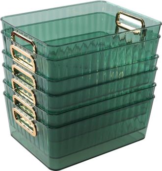 OEM Juego De 6 Contenedores De Almacenamiento De Pl&aacute;stico Transparente Con Asas Doradas, Color Verde