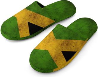 Generic Vintage Jamaican Flag Flannel Mens Slip-on Slippers Winter Warm House Shoes with Rubber Sole for Home Hotel