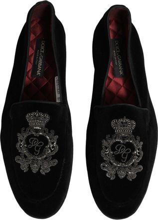 Dolce & Gabbana Mens Black Velvet Crown Embroidery Loafers Shoes Leather