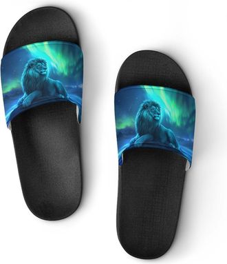 Generic Lion Northern Lights Shower Shoes Slipper for Women Men Beach Slippers Quick Drying Non Slip Open-Toe Sandals