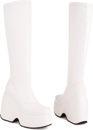 Generic Womens Stylish Knee-High Boots Round Toe Wedge Heels Slip On Soft Upper Cushioned Insole Comfortable Non Slip Wear Resistant Daily Casual Streetwear P