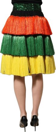 Dolce & Gabbana Womens Multicolor Fringe Sequin High Waist Knee Length Skirt Silk