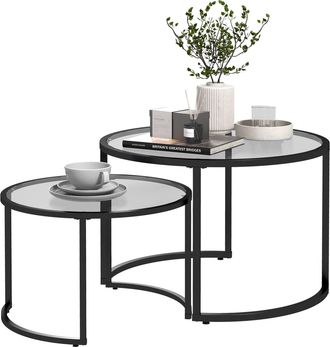 HOMCOM Glass Coffee Table Set Of 2 - Round Nest Of Tables For Living Room | TJ Hughes