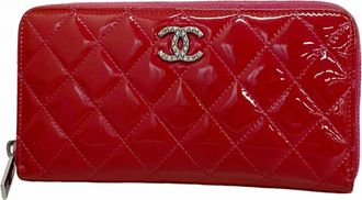 Chanel Red Color Patent Leather Long Wallet (Bi-Fold) (Pre-Owned)