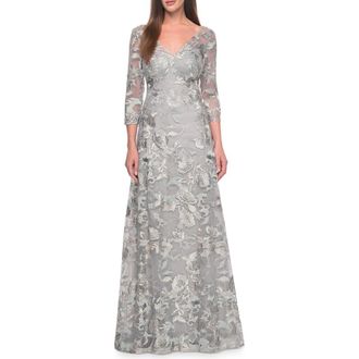 La Femme Unique Silver Lace Mother of the Bride Gown with Sleeves in Silver/slate at Nordstrom, Size 20