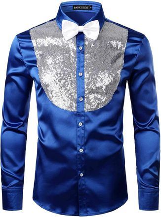 PARKLEES Mens Shiny Sequins Design Silk Like Satin Button Up Disco Party Dress Shirts Royal S