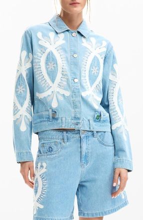 Desigual Beaded Lace Detail Denim Trucker Jacket in Medium Blue at Nordstrom, Size X-Large