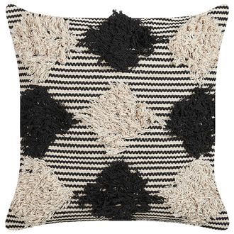 Beliani Coj&iacute;n De Algod&oacute;n Beige Negro 50 X 50 Cm Hecho A Mano Patr&oacute;n Geom&eacute;trico Bhusawal