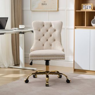 STILVORA Silla De Oficina En Casa, Silla De Oficina Moderna Tapizada En Terciopelo Con Botones Y Base De Metal Dorado, Silla De Escritorio Ajustable Giratoria 