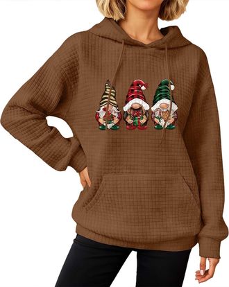 Generic Womens Christmas Hoodie UK Ladies Waffle Hooded Pullover Gnome Sweatshirt Xmas Drawstring Hoodies Snowflakes Tunic Tops Novelty Jumpers Activewear Par