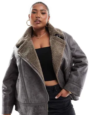 Only ONLY Curve borg aviator jacket in brown