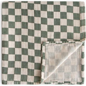 Mushie Muslin Swaddle Blanket in Olive Check at Nordstrom