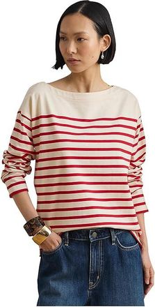 Lauren Ralph Lauren Striped Jersey Boatneck Top Womens Clothing Mascarpone Cream/Cruise Red : LG, Cotton
