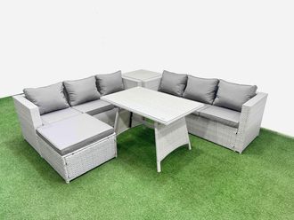 Fimous 7-seater Patio Rectangular Table 3 Seater Sofa Set with Side Table in Light Grey
