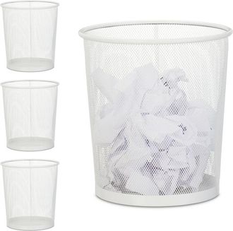 Relaxdays Set 4 Papeleras De Rejilla De Alambre, Cubo Papeles Dormitorio, Redondo, Sin Tapa, Residuos Pl&aacute;stico, 28x26 Cm, Blanco