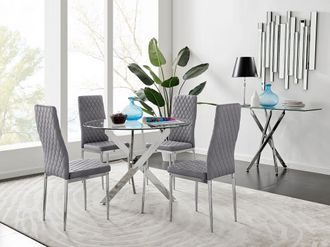 Furniturebox Novara 100cm Round Dining Table & 4 Velvet Milan Chairs in Grey