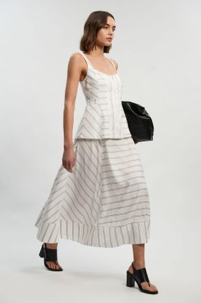 Karen Millen Womens Petite Bold Stripe Cotton Strappy Peplum Woven Maxi Dress - White Lyocell - Size 12 UK