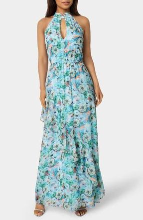 Bebe Chiffon Halter Maxi Dress in Blue Floral at Nordstrom Rack, Size X-Large