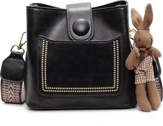 Generic ACUYE Womens Black Faux Leather Crossbody Bucket Handbag with Adjustable Guitar Strap, Multiple Pockets, 19cm x 17cm x 11cm