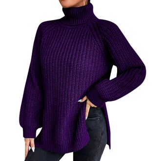 Generic Womens Black Fleece Wool Jumper Womens Striped Loose Solid Color Sweater Medium Long Autumn/Winter Turtleneck Long Sleeved Knit Sweater Womens Blouses