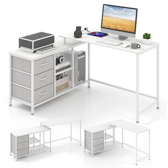 Costway Costway L Shaped Computer Desk Convertible Home Office Table with Drawers in White