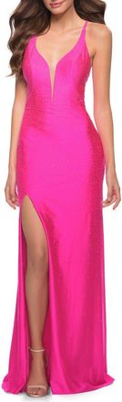 La Femme Neon Prom Gown with Rhinestone Fabric and Deep V in Neon Pink at Nordstrom, Size 00
