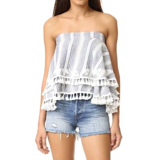 TRYB 212 Womens Amaris Tassel Trim Embroidered Floral Strapless Top In White/blue