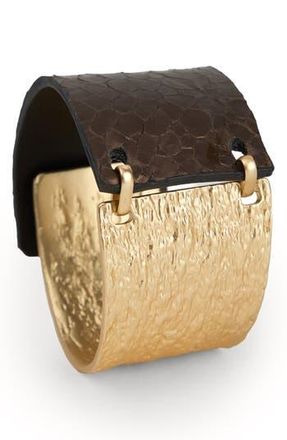 Saachi Textured Link Faux Leather Cuff Bracelet in Gold/brown at Nordstrom Rack