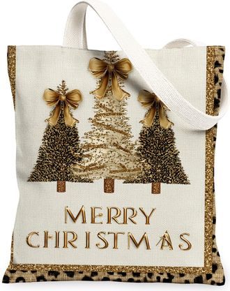 Generic Christmas Trees Canvas Tote Bags, Festive Holiday Reusable Grocery Bags, Vintage Elegant Lightweight Washable Shoulder Stra, Beige, 13x15 Inch