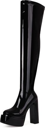 Generic Womens Over-The-Knee Platform Boots Chunky Block Heels Patent Upper Side Zipper Round Toe Bold Silhouette Soft Lining Cushioned Insole Durable Outsole