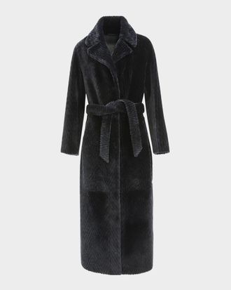 Gorski Reversible Chevron-Print Grooved Shearling Lamb Coat With Belt