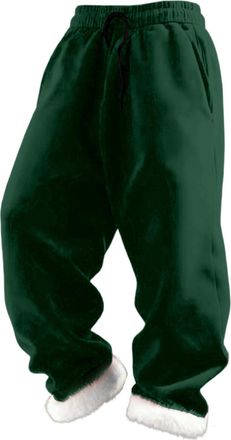 Generic Mens Christmas Trousers Santa & Elf Costume Bottoms with Soft Velvet Faux Fur Trim Festive Pyjama Pants for Xmas Party Dark Green