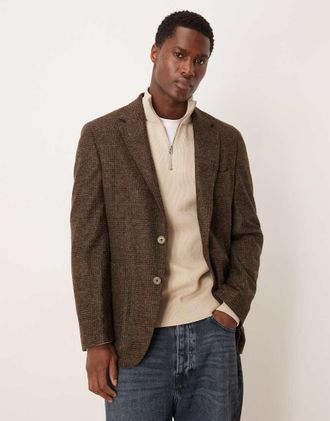 Mango Blazer in tweed misto lana marrone scuro