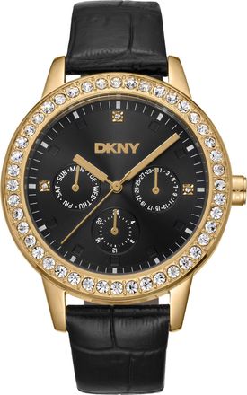 DKNY Women Watch, Gold Color Case, Black Dial, Black Leather Strap, Multi-Function, 5 ATM