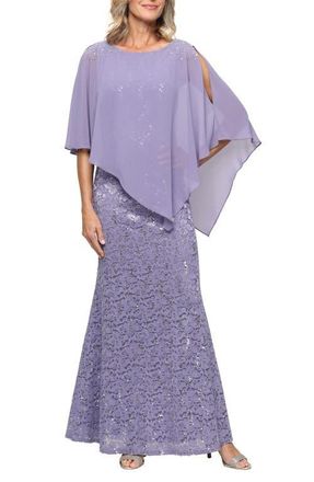 S.L. Fashions Beaded Lace & Chiffon Capelet Gown in Mystic/Heather at Nordstrom, Size 14