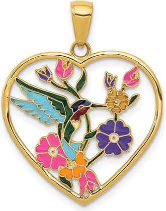 Diamond2Deal 14k Yellow Gold Enameled Hummingbird Flowers Heart Pendant